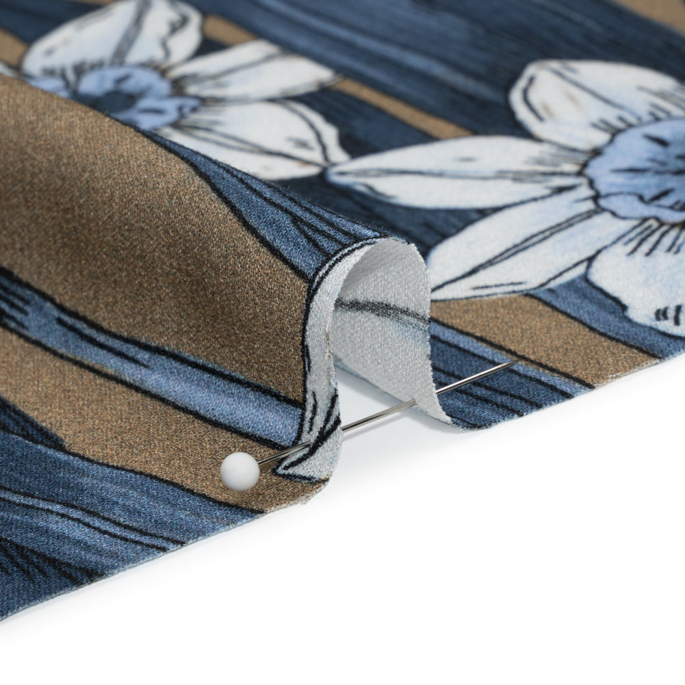 Viscose Crepe Print - Blue and Tan Floral - Mood Exclusive Drenched Daffodils Folded