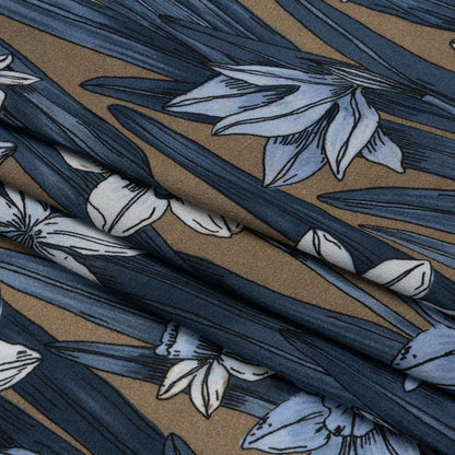 Viscose Crepe Print - Blue and Tan Floral - Mood Exclusive Drenched Daffodils Full