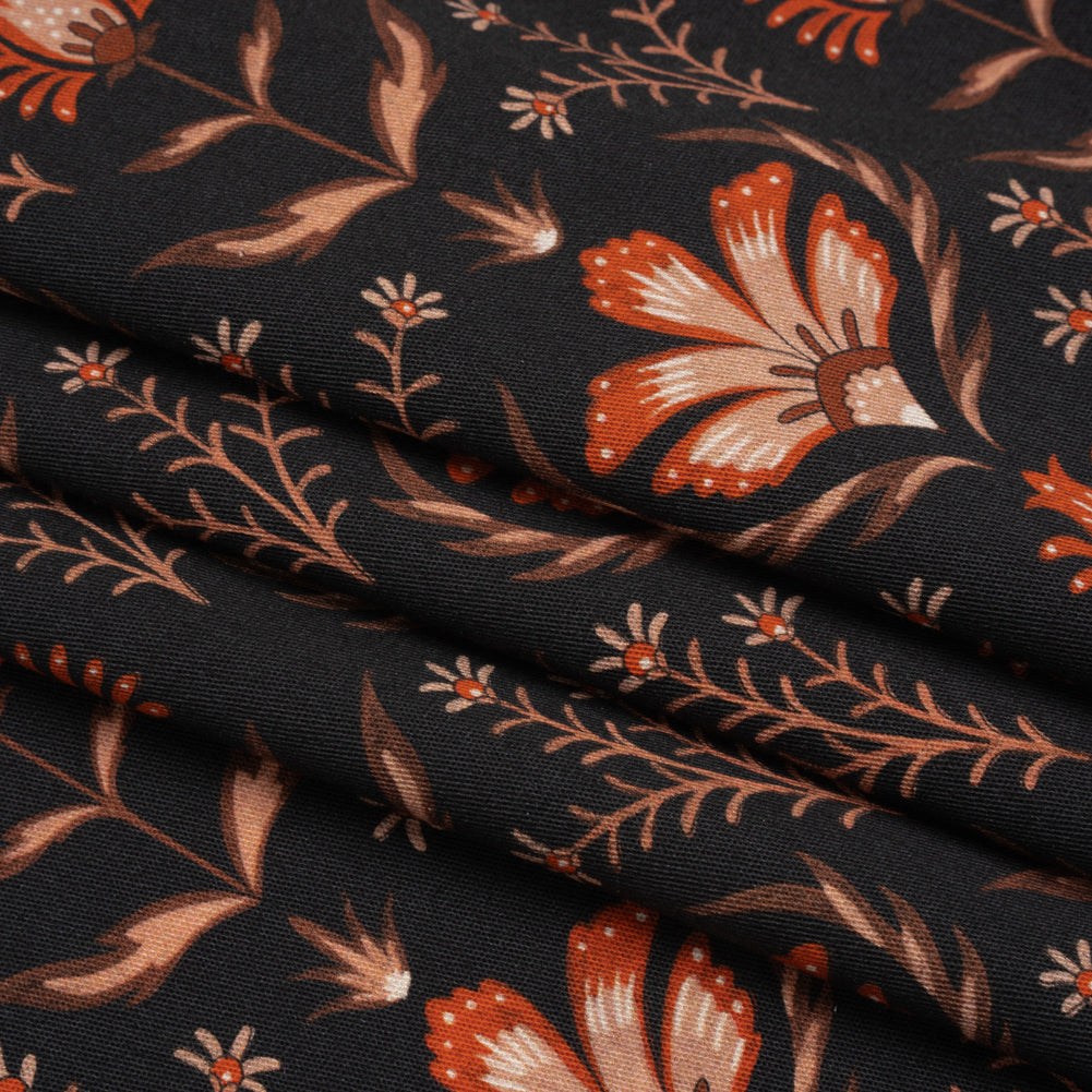 Stretch Cotton Twill - Black and Orange Floral - Watching the Fire Print - Mood Exclusive Rockland Collection Folded