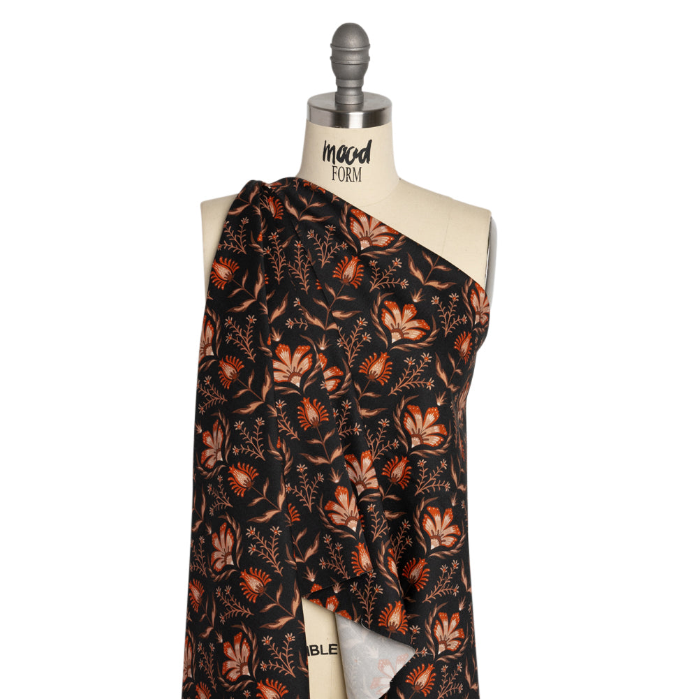 Stretch Cotton Twill - Black and Orange Floral - Watching the Fire Print - Mood Exclusive Rockland Collection Drape