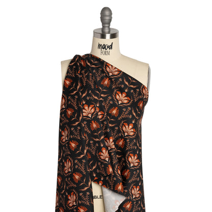 Stretch Cotton Twill - Black and Orange Floral - Watching the Fire Print - Mood Exclusive Rockland Collection Drape