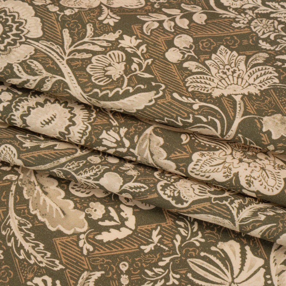 Stretch Cotton Twill Print - Moss Green and Beige Floral - Mood Exclusive Aromatic Aria Folded