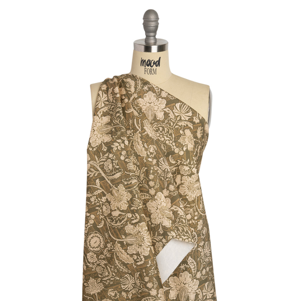 Stretch Cotton Twill Print - Moss Green and Beige Floral - Mood Exclusive Aromatic Aria Drape