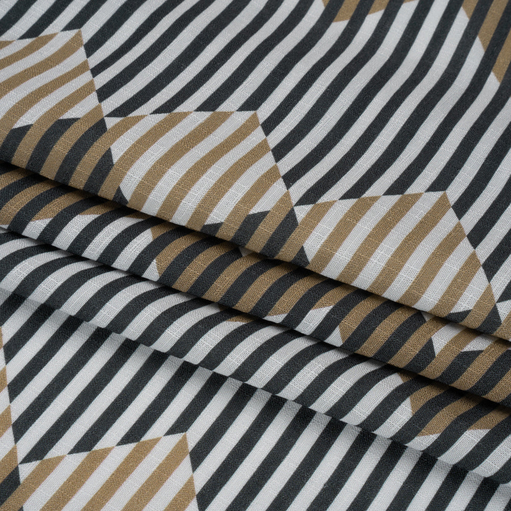 Slubbed Viscose Woven Print - Black and Brown Geometric Stripes - Mood Exclusive Eye Play Folded