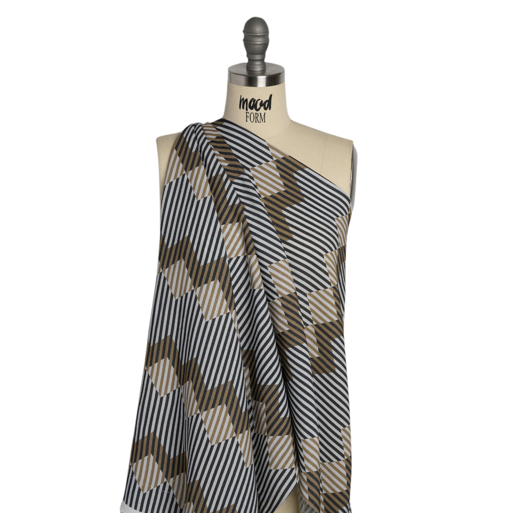 Slubbed Viscose Woven Print - Black and Brown Geometric Stripes - Mood Exclusive Eye Play Drape