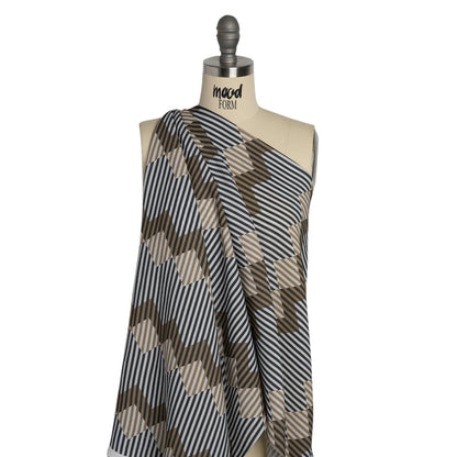 Slubbed Viscose Woven Print - Black and Brown Geometric Stripes - Mood Exclusive Eye Play Drape