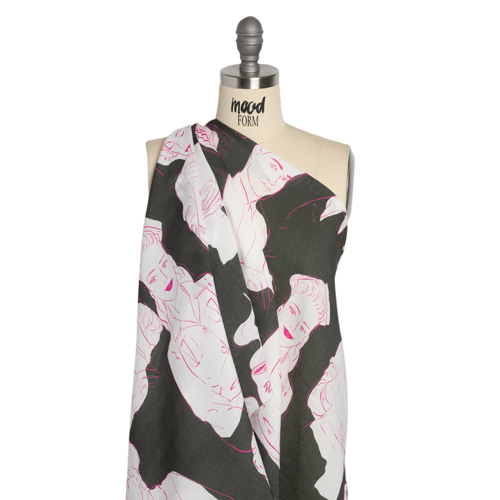 Slubbed Viscose Woven Print - Charcoal and White Portraits - Mood Exclusive Morning Mysteries Drape