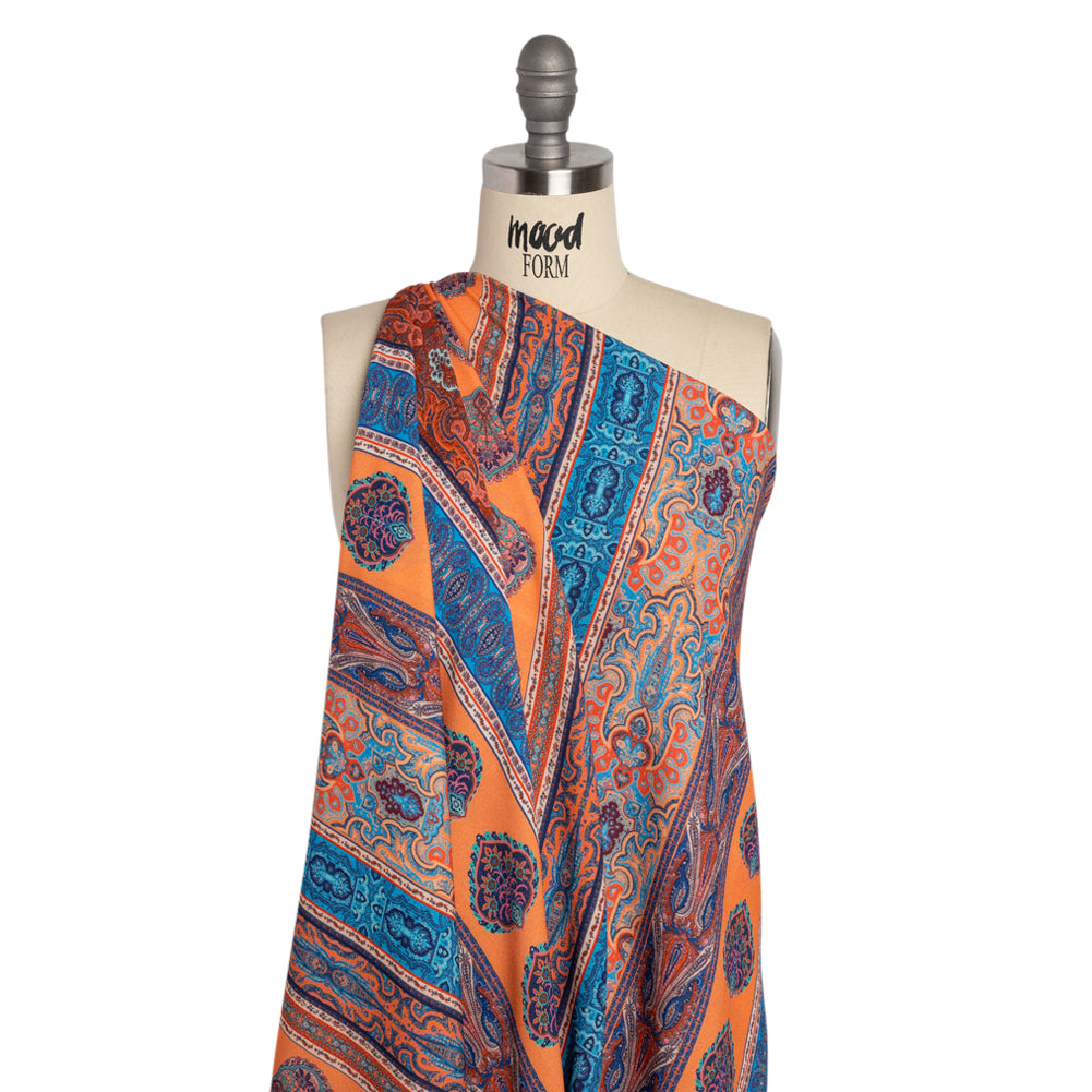 Viscose Crepe Panel - Orange, Blue and Rust Red Decorative Stripes - Mood Exclusive Desert Dance Detail