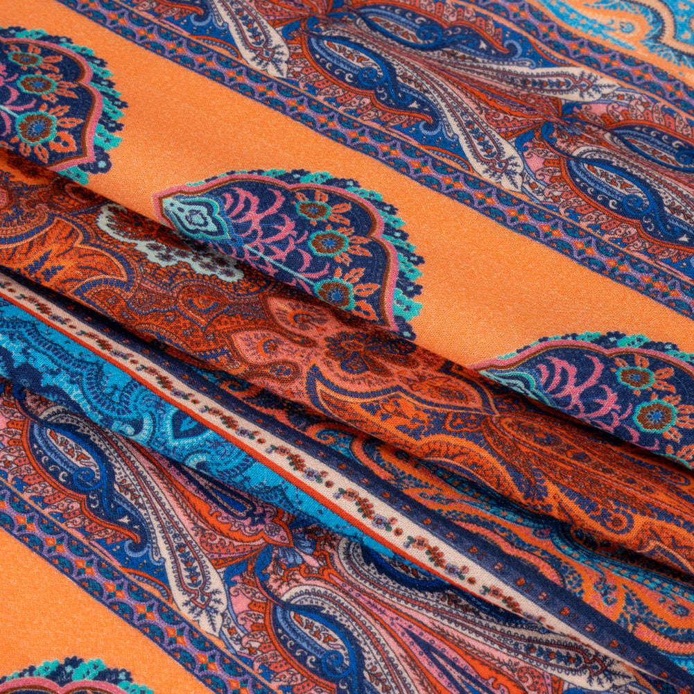 Viscose Crepe Panel - Orange, Blue and Rust Red Decorative Stripes - Mood Exclusive Desert Dance Full