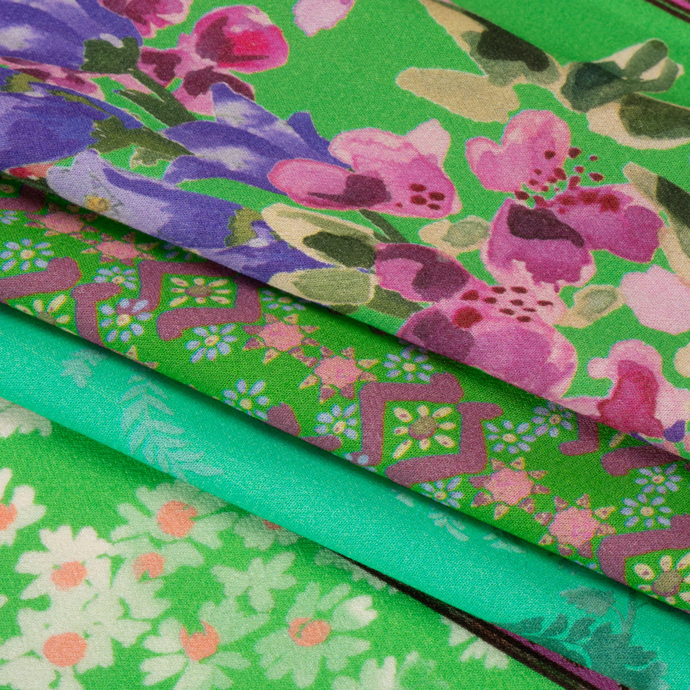 Viscose Crepe Print - Green, Turquoise and Purple Floral and Paisley Stripes - Mood Exclusive April in Patterns - Folded