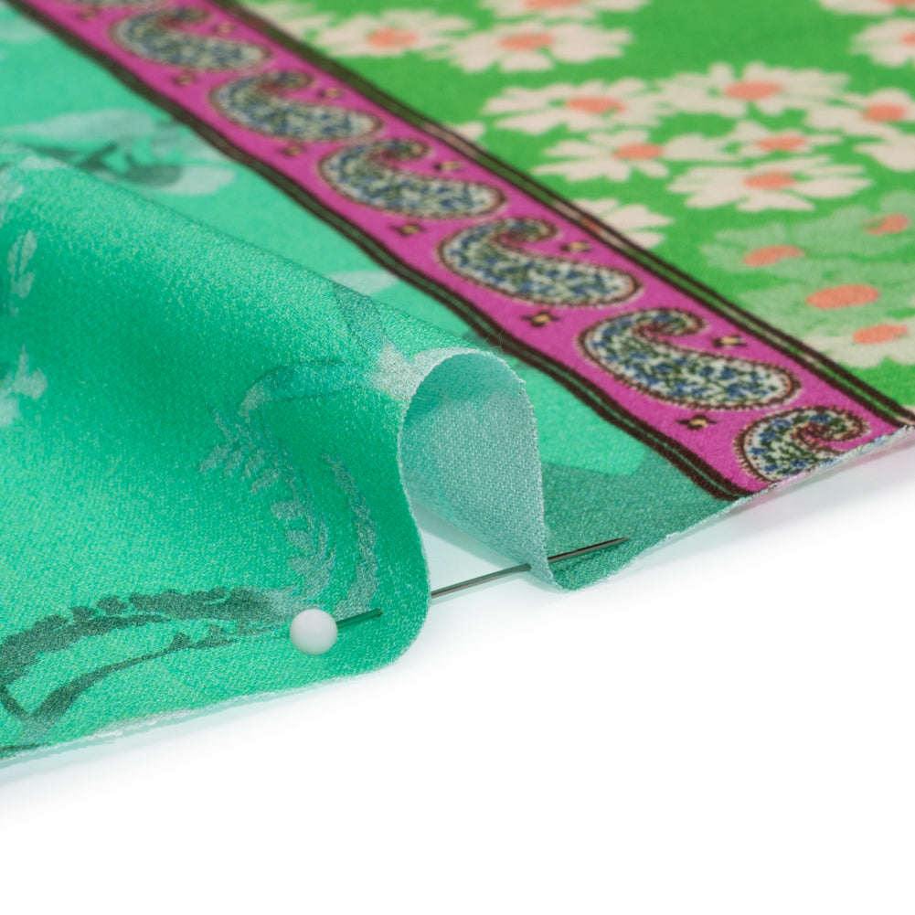 Viscose Crepe Print - Green, Turquoise and Purple Floral and Paisley Stripes - Mood Exclusive April in Patterns - Detail