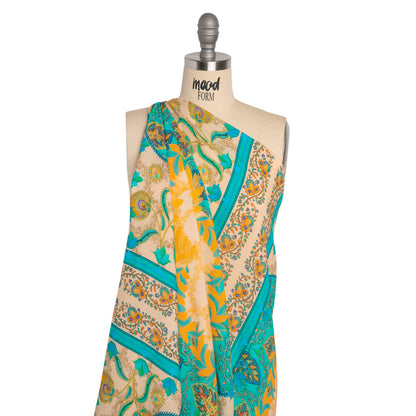 Viscose Crepe Panel - Teal and Golden Orange Fancy Leaves - Mood Exclusive Peacock Gardens Detail