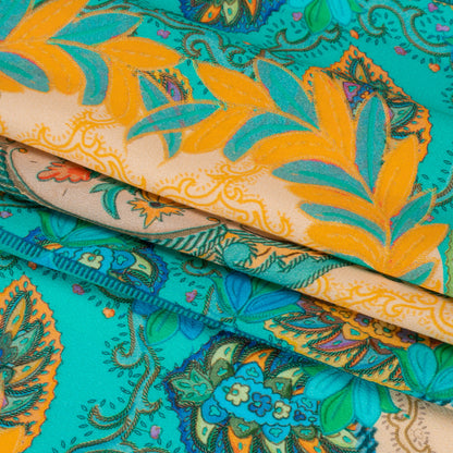 Viscose Crepe Panel - Teal and Golden Orange Fancy Leaves - Mood Exclusive Peacock Gardens Full