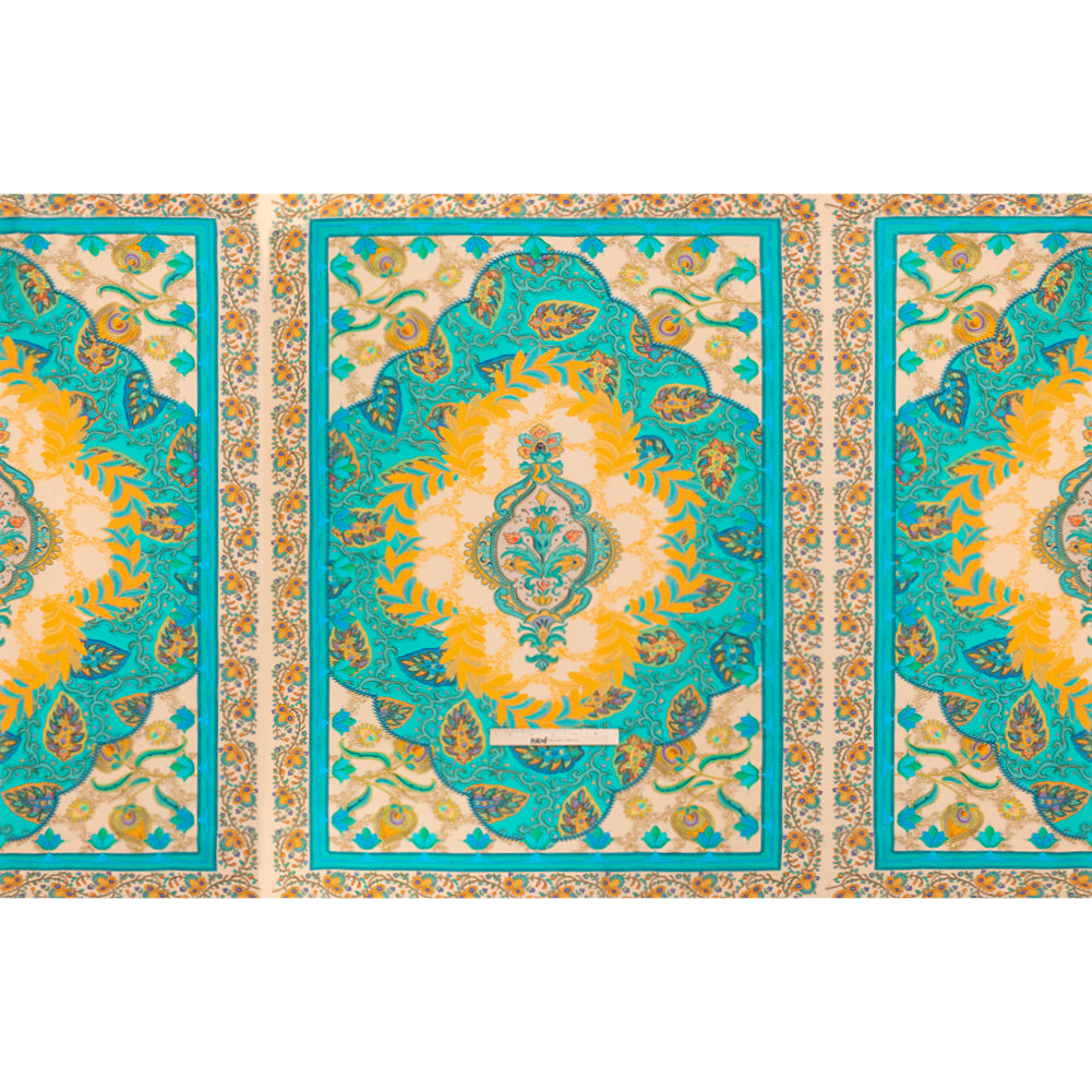 Viscose Crepe Panel - Teal and Golden Orange Fancy Leaves - Mood Exclusive Peacock Gardens Drape
