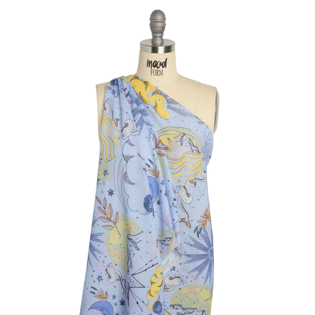 Viscose Crepe Print - Blue and Yellow Celestial Creatures - Mood Exclusive Mythical Me Detail