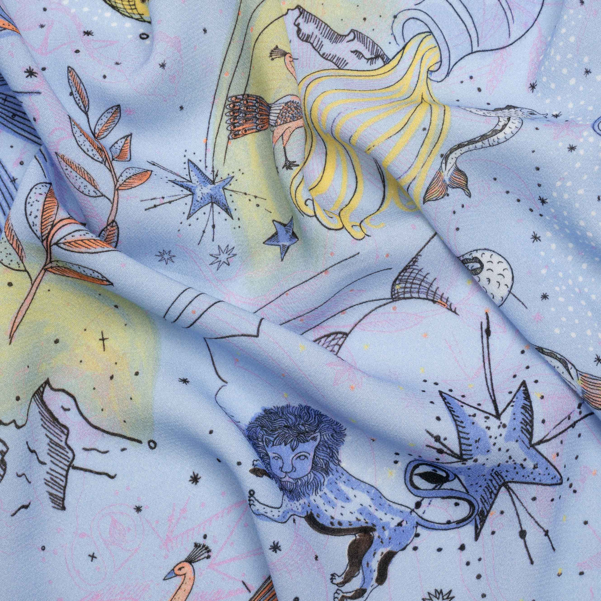 Viscose Crepe Print - Blue and Yellow Celestial Creatures - Mood Exclusive Mythical Me