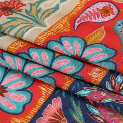Viscose and Linen Twill Print - Blue and Orange Paisley and Floral Stripes - Mood Exclusive Botanical Bliss Full