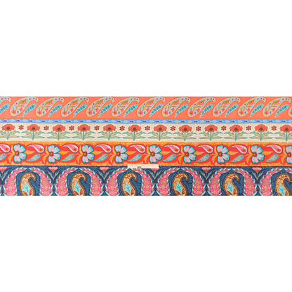 Viscose and Linen Twill Print - Blue and Orange Paisley and Floral Stripes - Mood Exclusive Botanical Bliss Drape