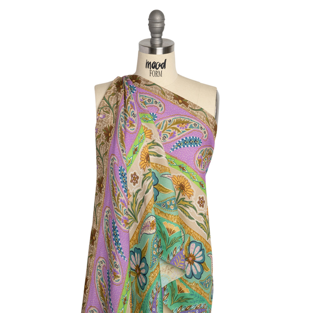 Viscose and Linen Twill Print - Purple and Green Paisley and Floral Stripes - Mood Exclusive Botanical Bliss Detail
