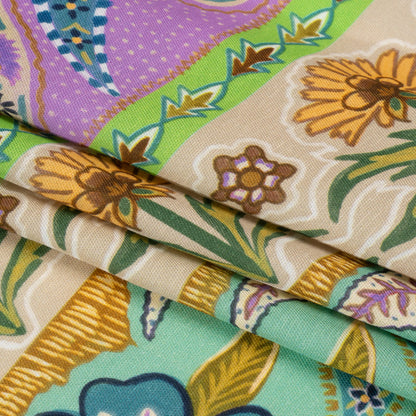 Viscose and Linen Twill Print - Purple and Green Paisley and Floral Stripes - Mood Exclusive Botanical Bliss Full