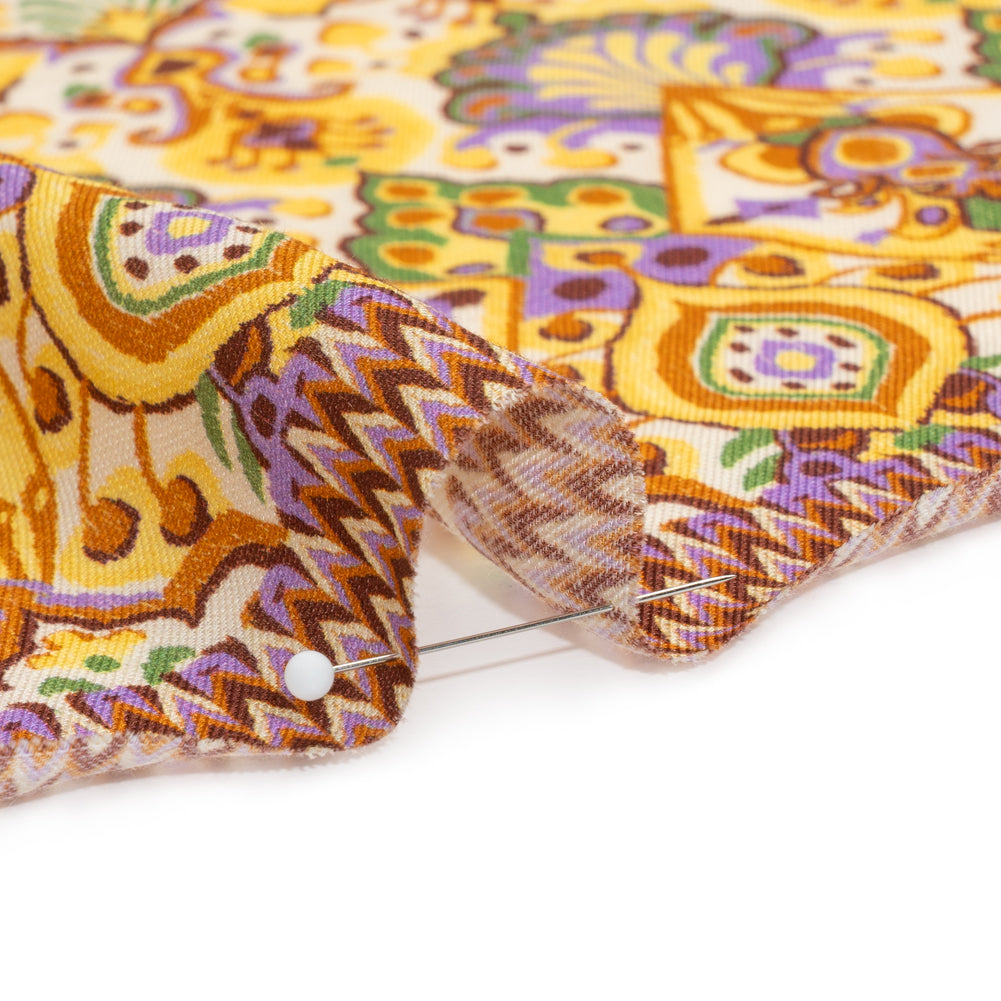 Viscose and Linen Twill Print - Yellow and Orange Stylized Flowers and Chevrons - Mood Exclusive Fashion Floral Folded