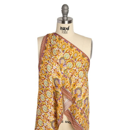 Viscose and Linen Twill Print - Yellow and Orange Stylized Flowers and Chevrons - Mood Exclusive Fashion Floral Detail
