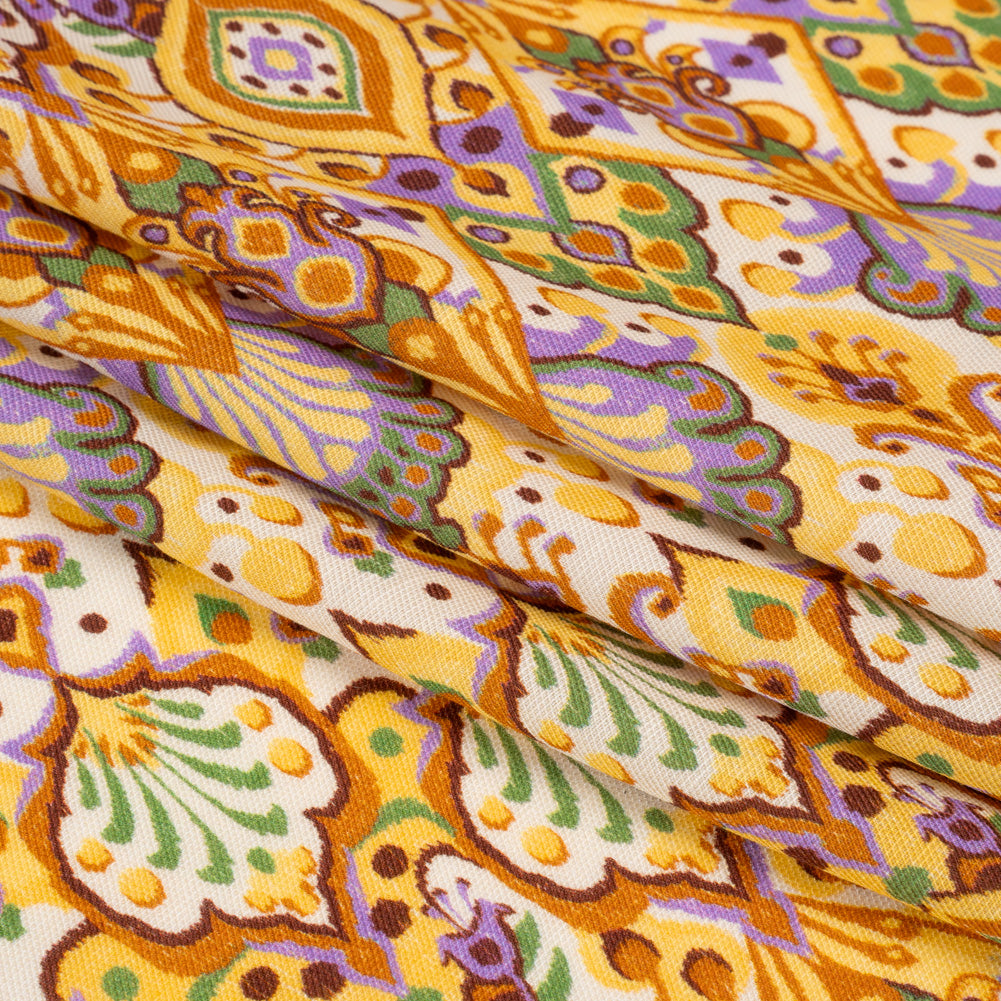 Viscose and Linen Twill Print - Yellow and Orange Stylized Flowers and Chevrons - Mood Exclusive Fashion Floral Full