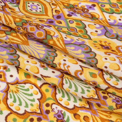Viscose and Linen Twill Print - Yellow and Orange Stylized Flowers and Chevrons - Mood Exclusive Fashion Floral Full