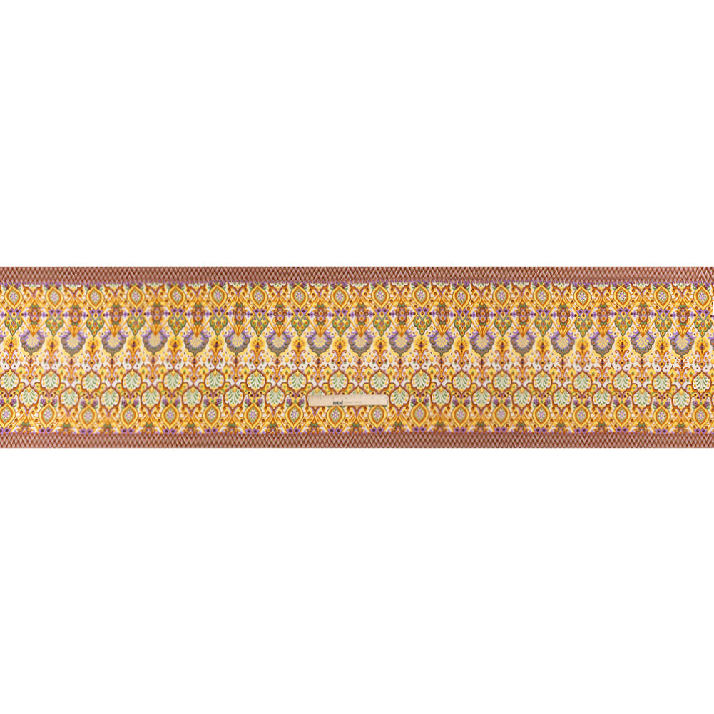 Viscose and Linen Twill Print - Yellow and Orange Stylized Flowers and Chevrons - Mood Exclusive Fashion Floral Drape