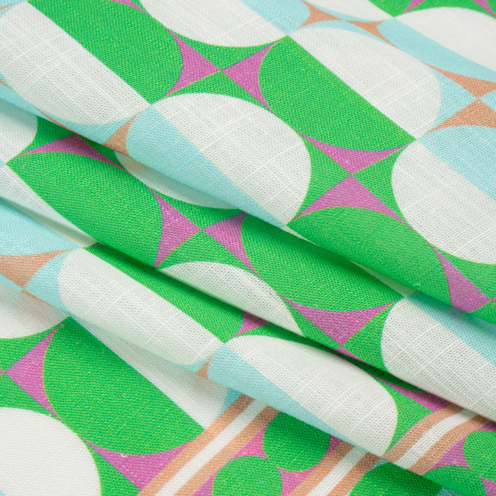 Viscose and Linen Woven Panel Print - Green and Sky Blue Split Circles - Mood Exclusive Circle Back Folded