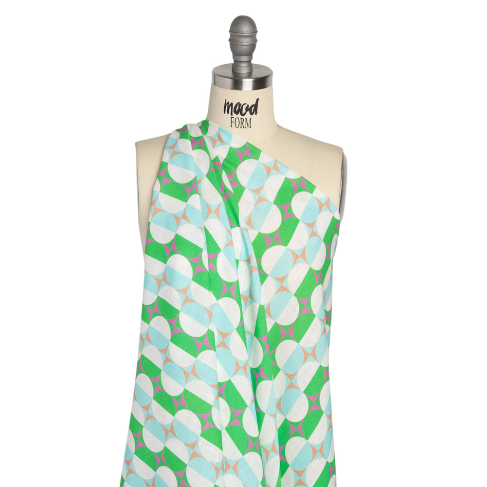 Viscose and Linen Woven Panel Print - Green and Sky Blue Split Circles - Mood Exclusive Circle Back Drape