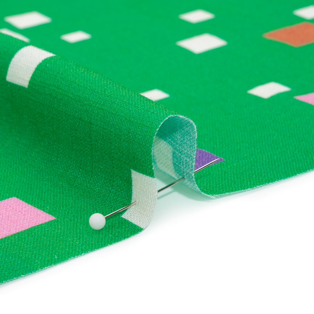 Viscose and Linen Woven Print - Green and Pink Squares - Mood Exclusive Square Dancing Detail