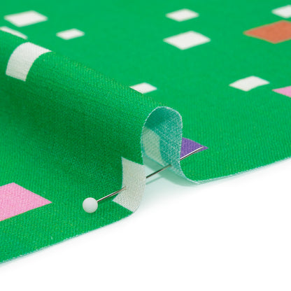 Viscose and Linen Woven Print - Green and Pink Squares - Mood Exclusive Square Dancing Detail