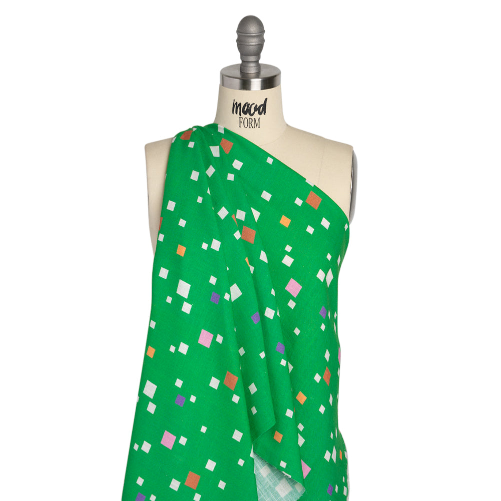 Viscose and Linen Woven Print - Green and Pink Squares - Mood Exclusive Square Dancing Drape