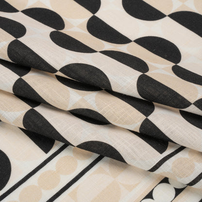 Viscose and Linen Woven Panel Print - Black and White Split Circles - Mood Exclusive Circle Back Folded