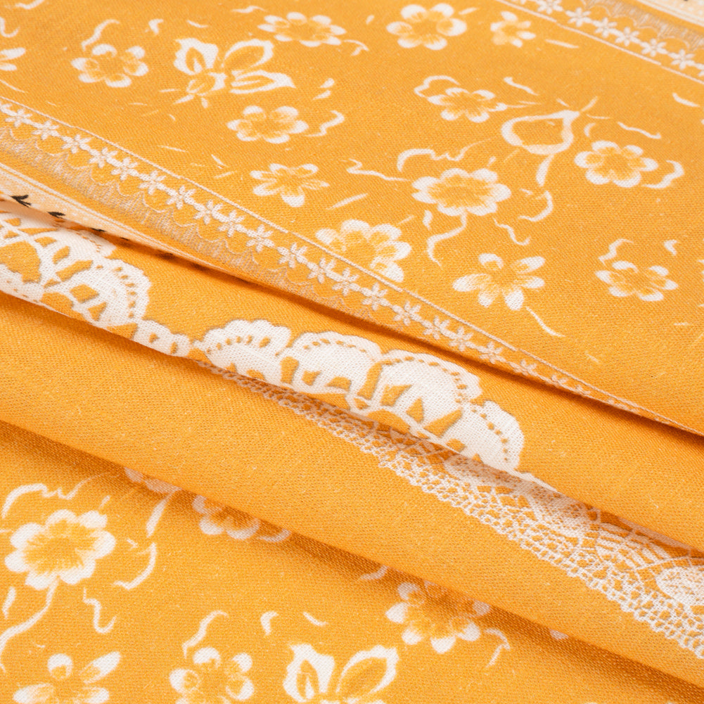 Viscose and Linen Woven Print - Yellow and White Lace and Floral Stripes - Mood Exclusive Lace and Ribbons Folded