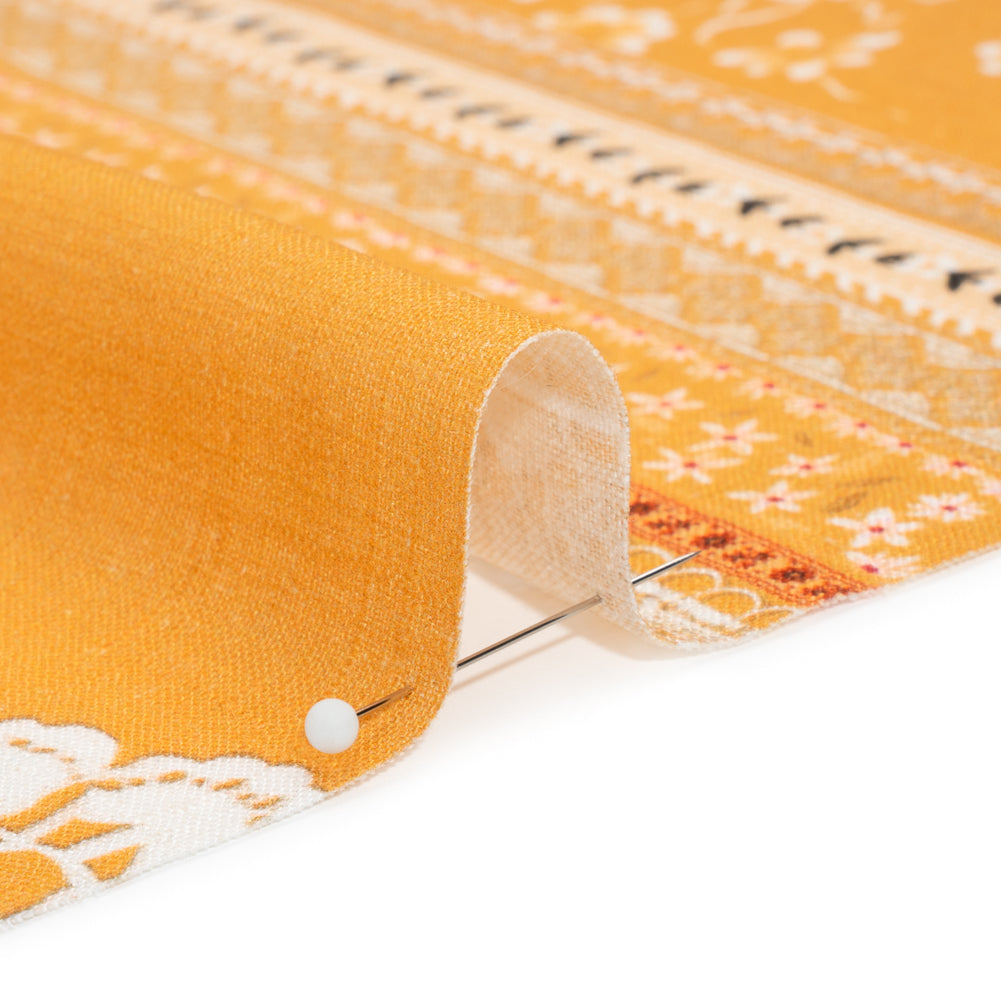 Viscose and Linen Woven Print - Yellow and White Lace and Floral Stripes - Mood Exclusive Lace and Ribbons Detail