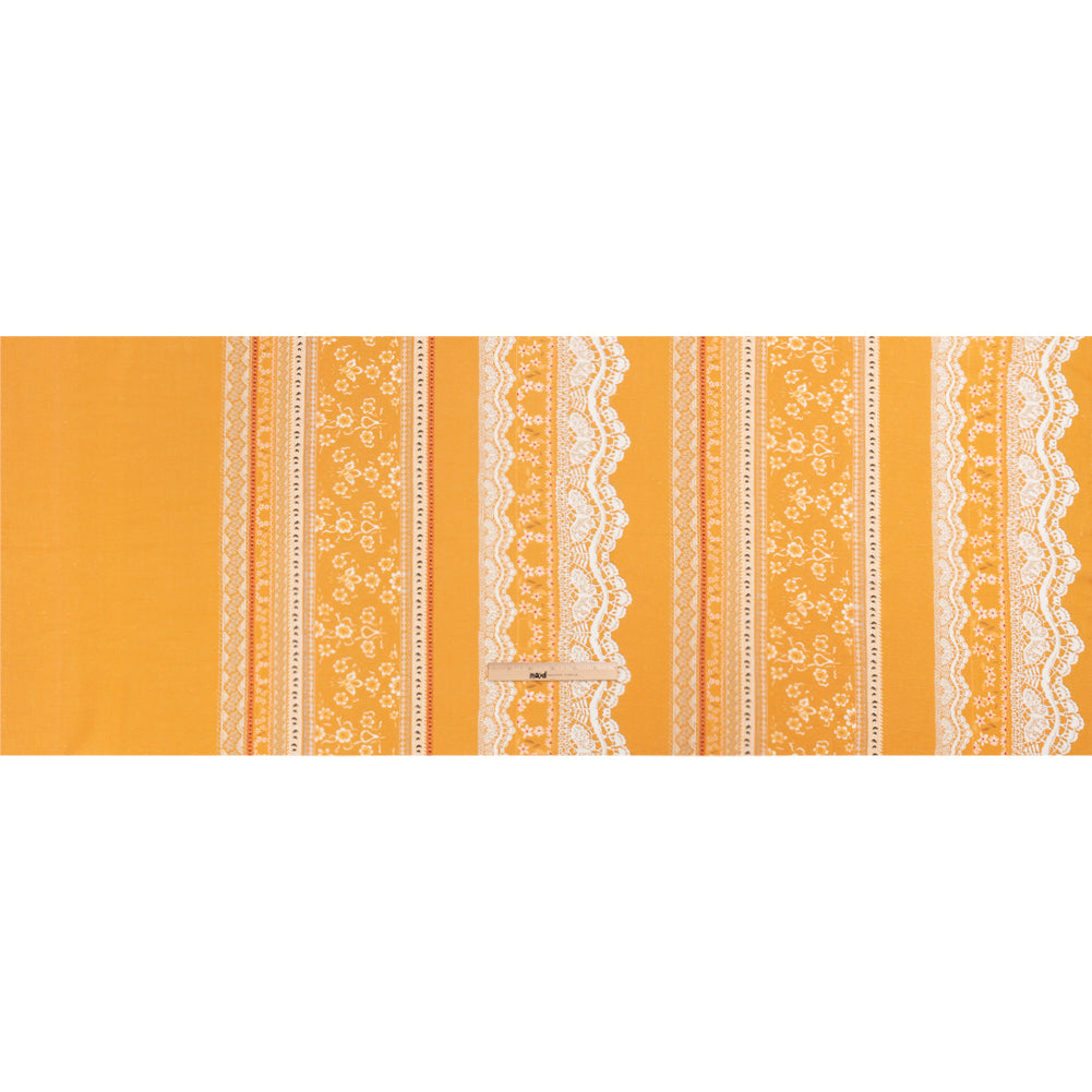 Viscose and Linen Woven Print - Yellow and White Lace and Floral Stripes - Mood Exclusive Lace and Ribbons Full