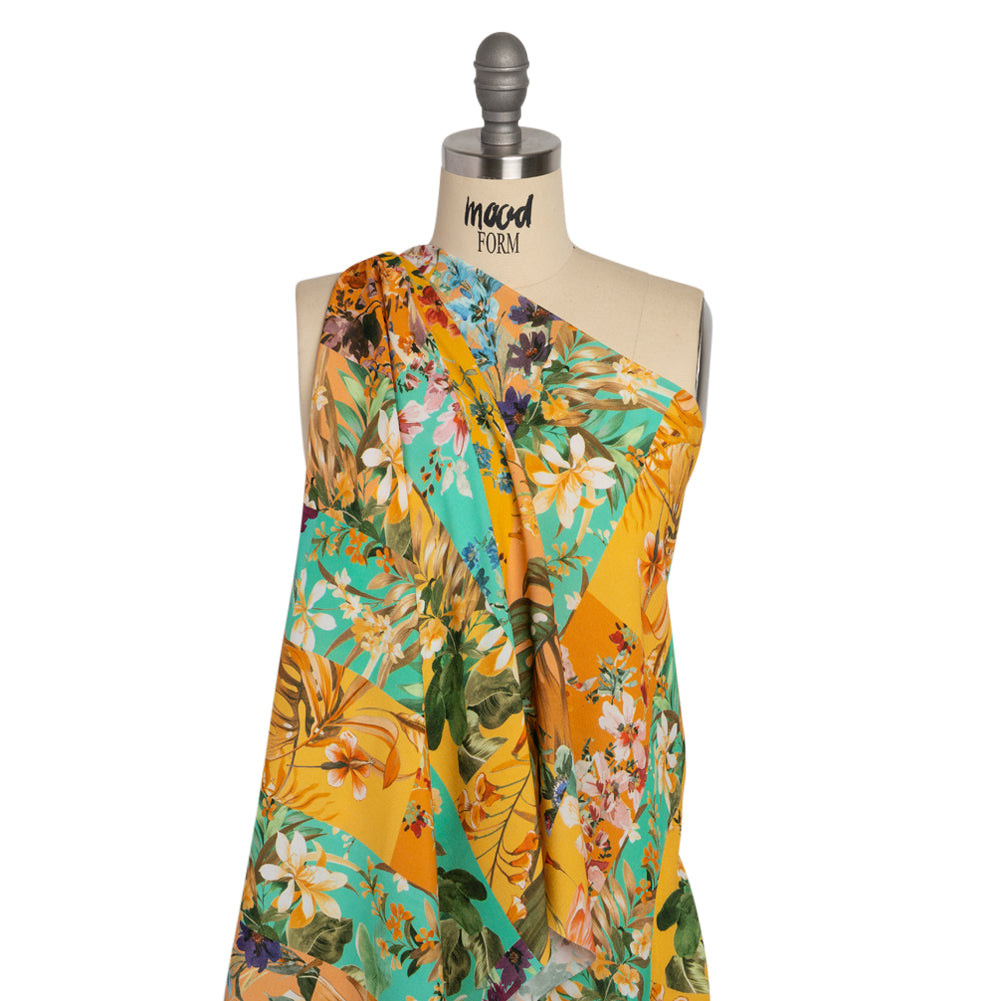 Sustainable Viscose Crepe Print - Aqua Blue and Yellow Floral Tile Stripes - Mood Exclusive El Paraiso Detail