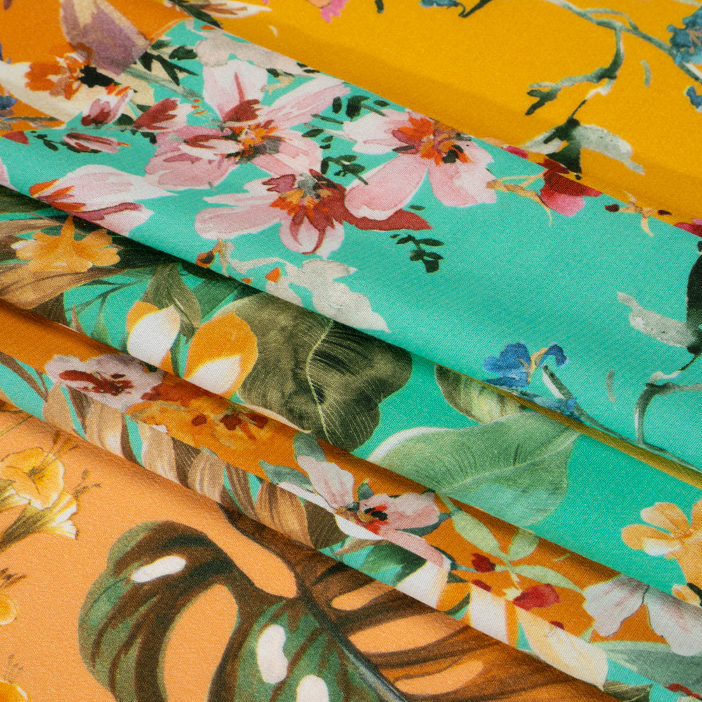 Sustainable Viscose Crepe Print - Aqua Blue and Yellow Floral Tile Stripes - Mood Exclusive El Paraiso Full