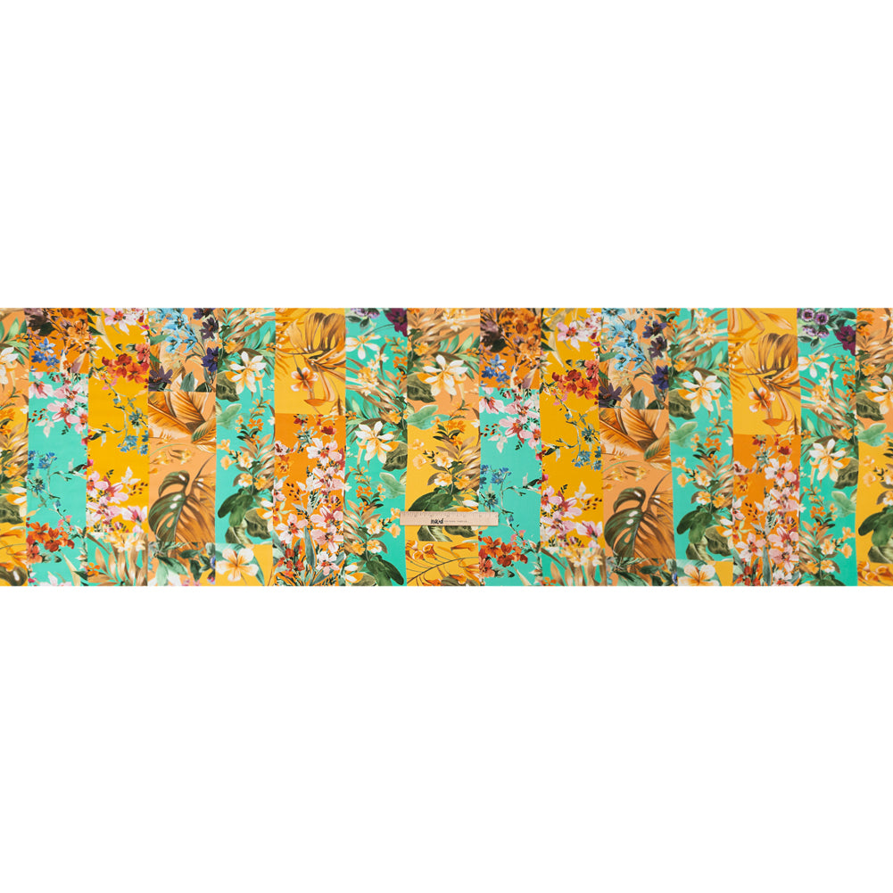 Sustainable Viscose Crepe Print - Aqua Blue and Yellow Floral Tile Stripes - Mood Exclusive El Paraiso Drape