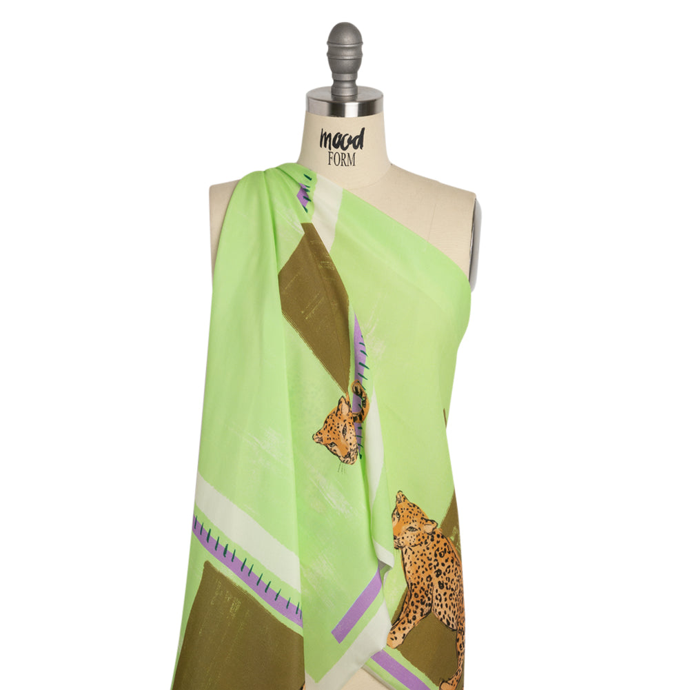 Sustainable Viscose Woven Panel - Lime and Brown Jaguar in Squares - Mood Exclusive Jaguar Gaze Detail