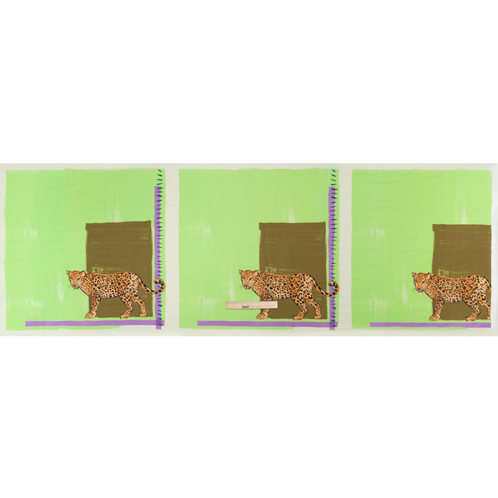 Sustainable Viscose Woven Panel - Lime and Brown Jaguar in Squares - Mood Exclusive Jaguar Gaze Drape