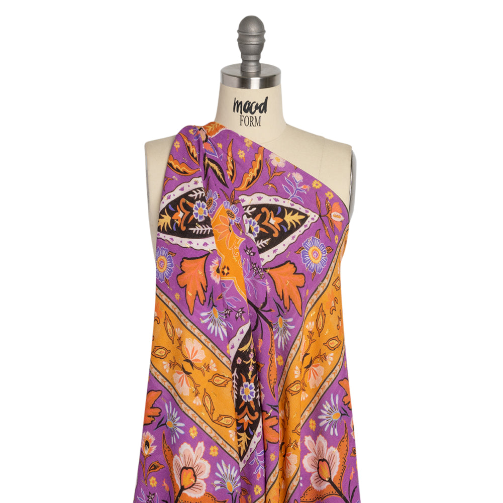 Mood Exclusive Purple Floral Facade Metallic Dotted Crinkled Viscose Crepe Panel Detail
