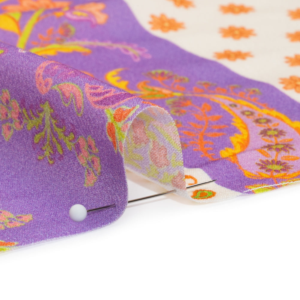 Viscose Crepe Print - Cream, Purple and Lime Green Floral Stripes - Mood Exclusive Spring Fling Folded