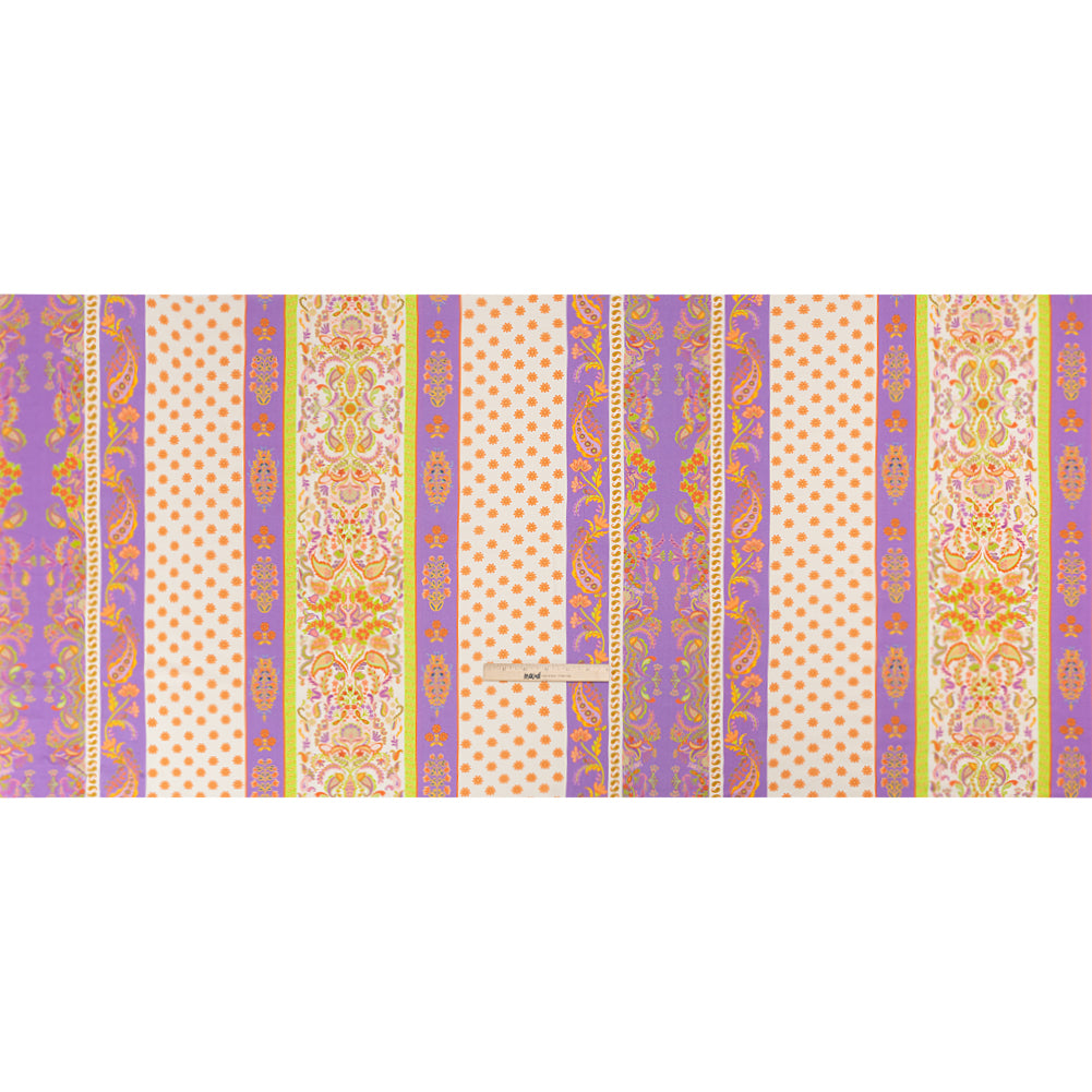 Viscose Crepe Print - Cream, Purple and Lime Green Floral Stripes - Mood Exclusive Spring Fling Drape