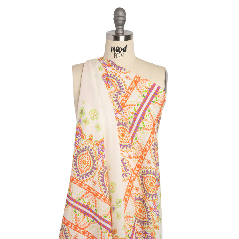 Viscose Crepe Panel - White, Orange and Purple Paisley Squares - Mood Exclusive Heavenly Day Detail