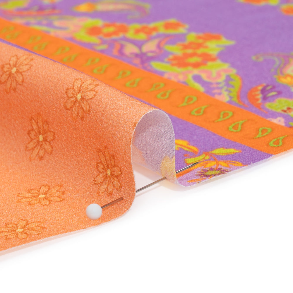 Viscose Crepe Print - Orange, Purple and Lime Green Floral Stripes - Mood Exclusive Spring Fling Folded