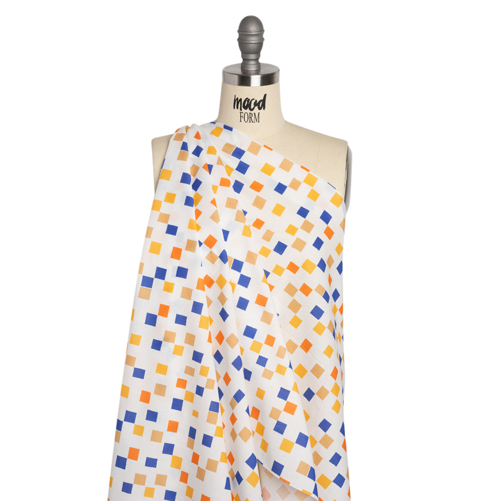 Cotton Voile Print - Blue and Orange Sqare Confetti - Mood Exclusive Cubic Field Drape