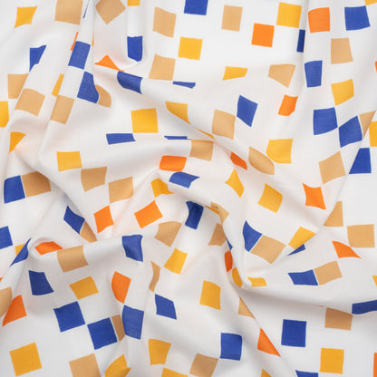 Cotton Voile Print - Blue and Orange Sqare Confetti - Mood Exclusive Cubic Field